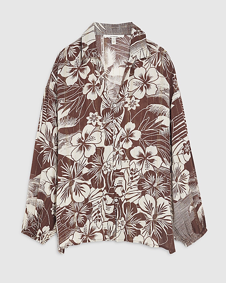 Brown Tropical Print Beach Shirt