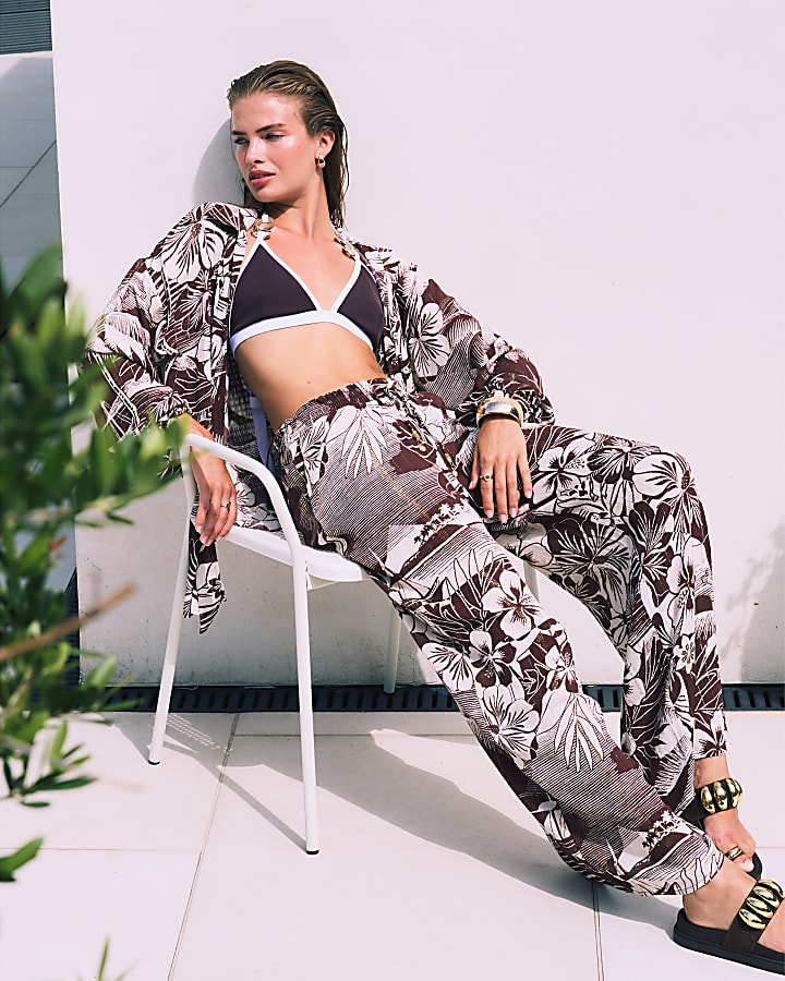 Brown Tropical Print Beach Shirt
