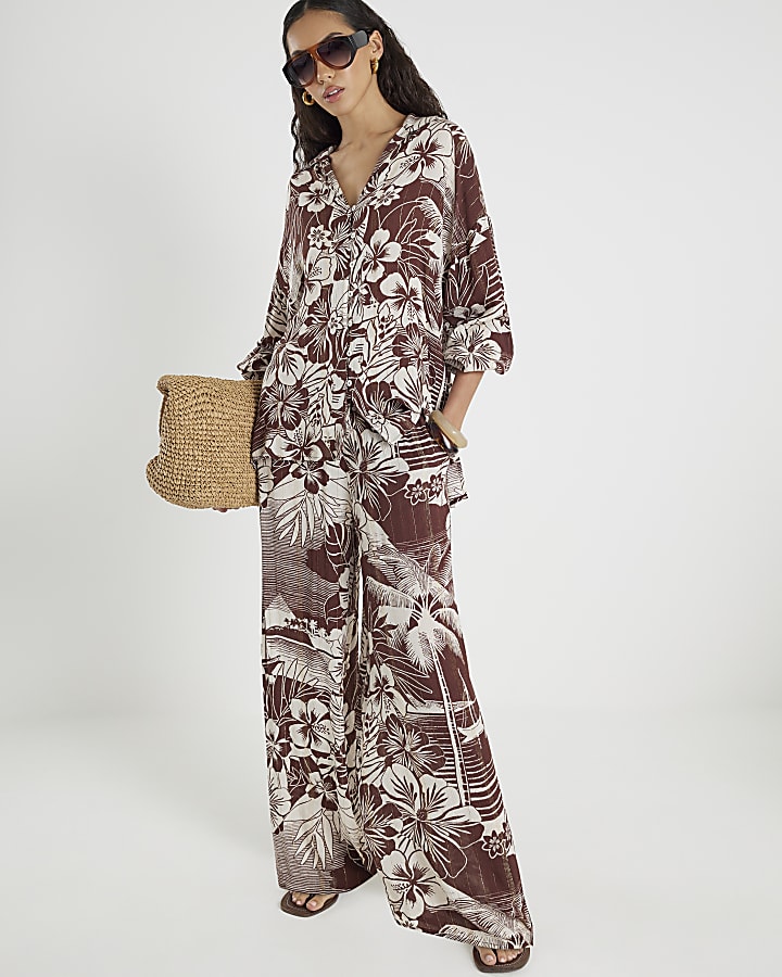 Brown Tropical Print Beach Shirt