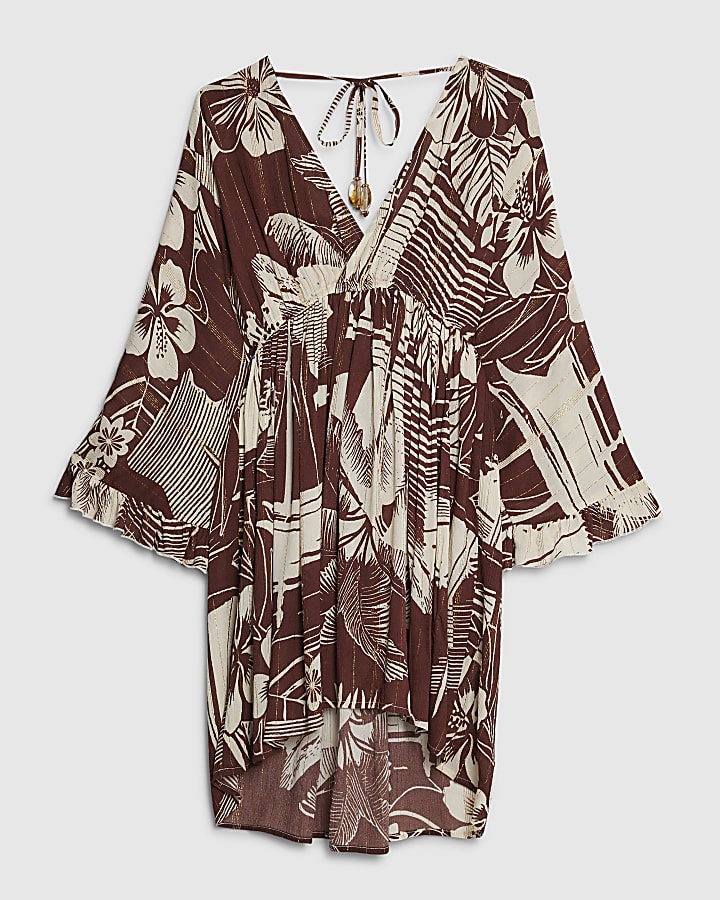 Brown Floral Printed Mini Beach Dress