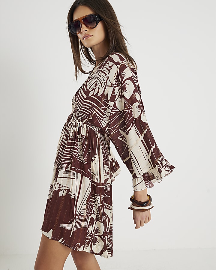 Brown Floral Printed Mini Beach Dress