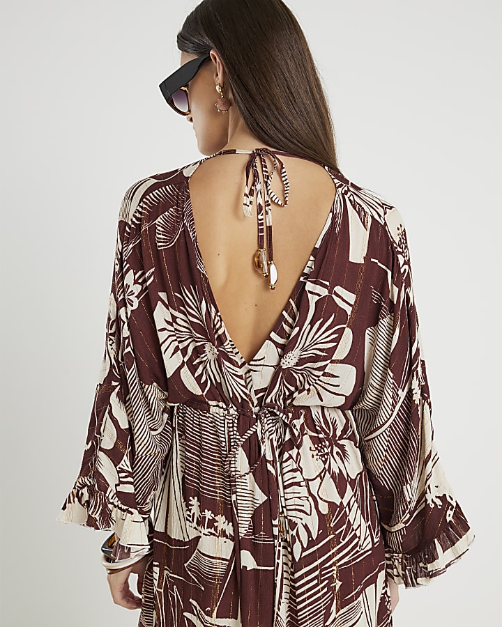 Brown Floral Printed Mini Beach Dress