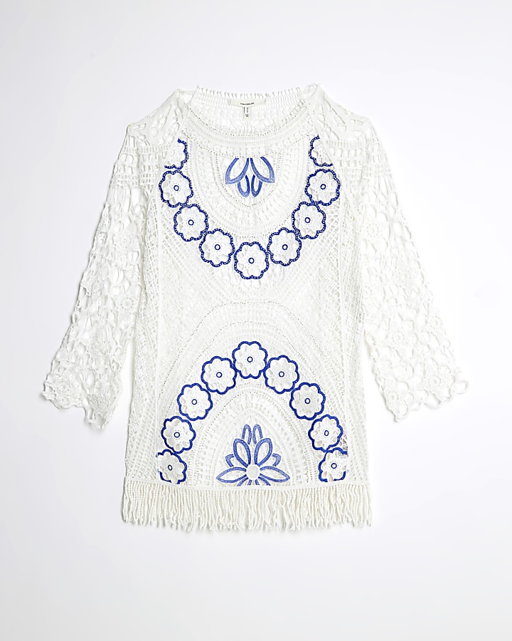 White Crochet Long Sleeve Mini Beach Dress