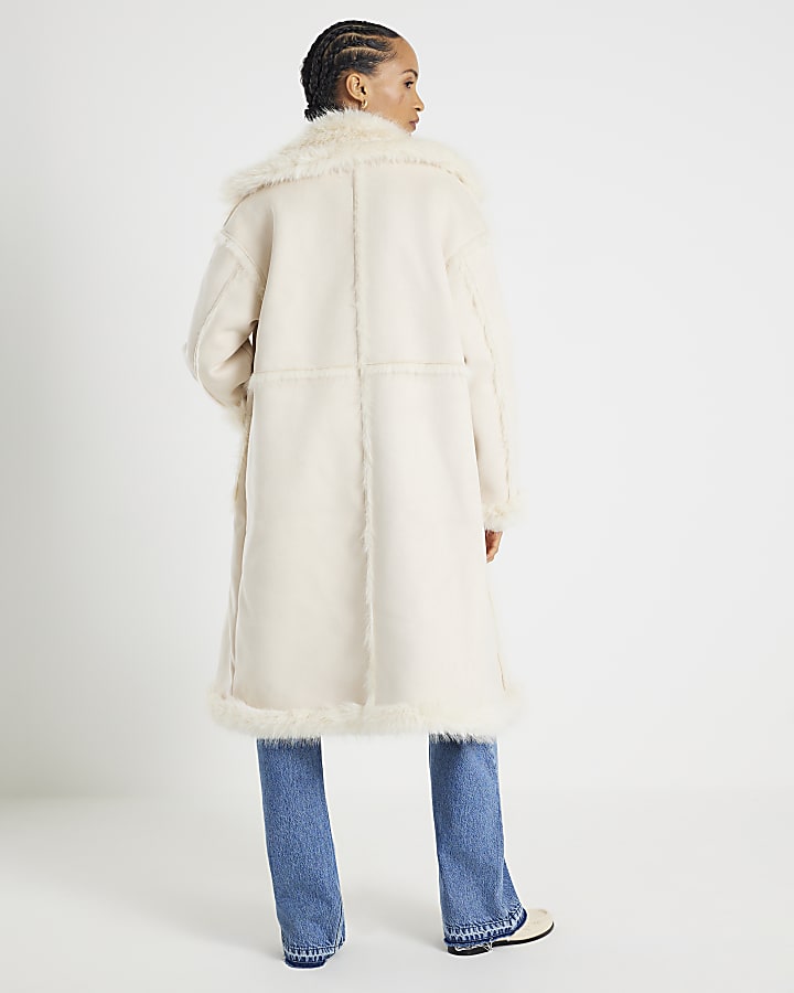 Cream Seam Detail Shearling Coat