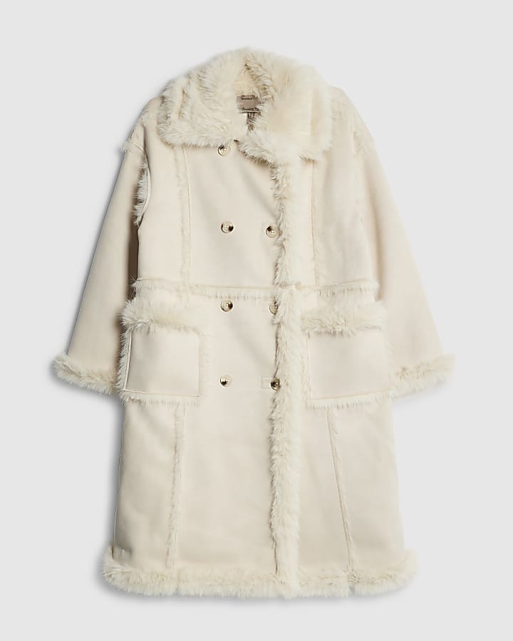 Cream Seam Detail Shearling Coat