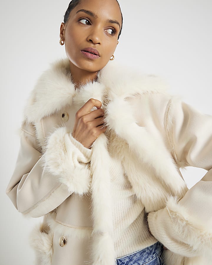 Cream Seam Detail Shearling Coat