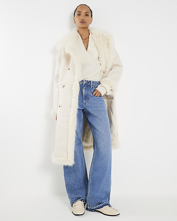 Cream Seam Detail Shearling Coat