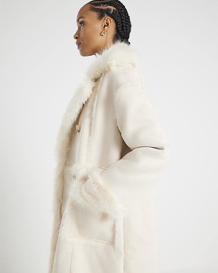 Cream Seam Detail Shearling Coat