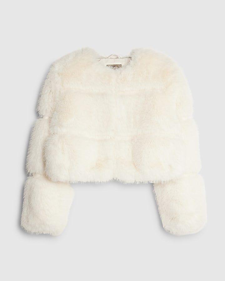Cream Faux Fur Cropped Panelled Coat