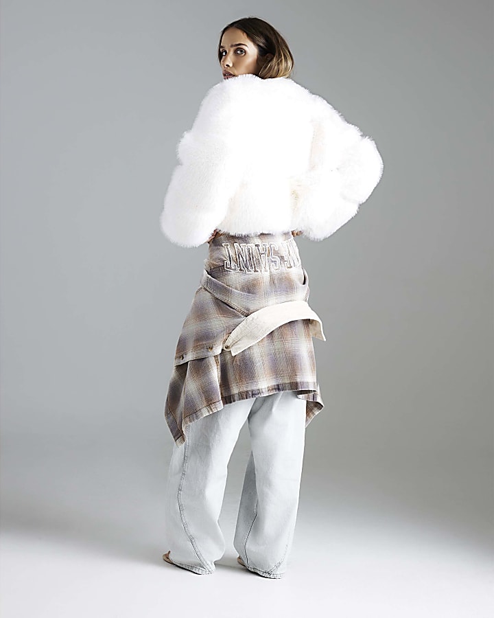Cream Faux Fur Cropped Panelled Coat