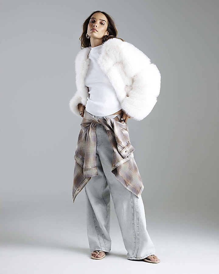 Cream Faux Fur Cropped Panelled Coat