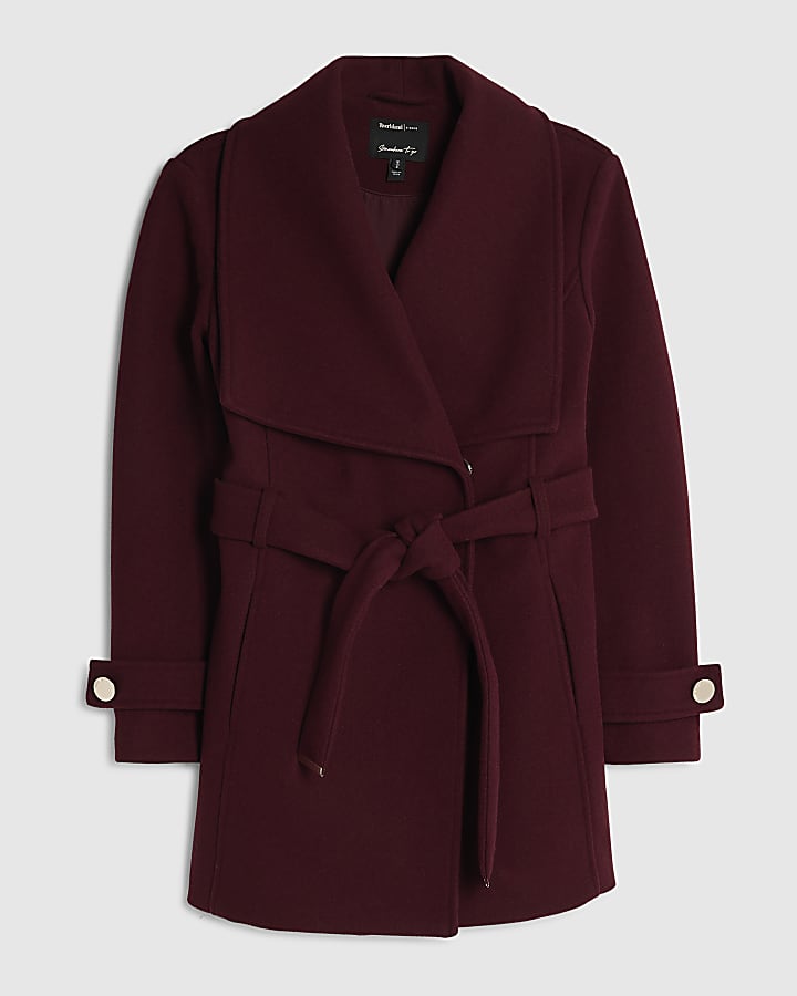 Red Short Wide Collar Wrap Coat