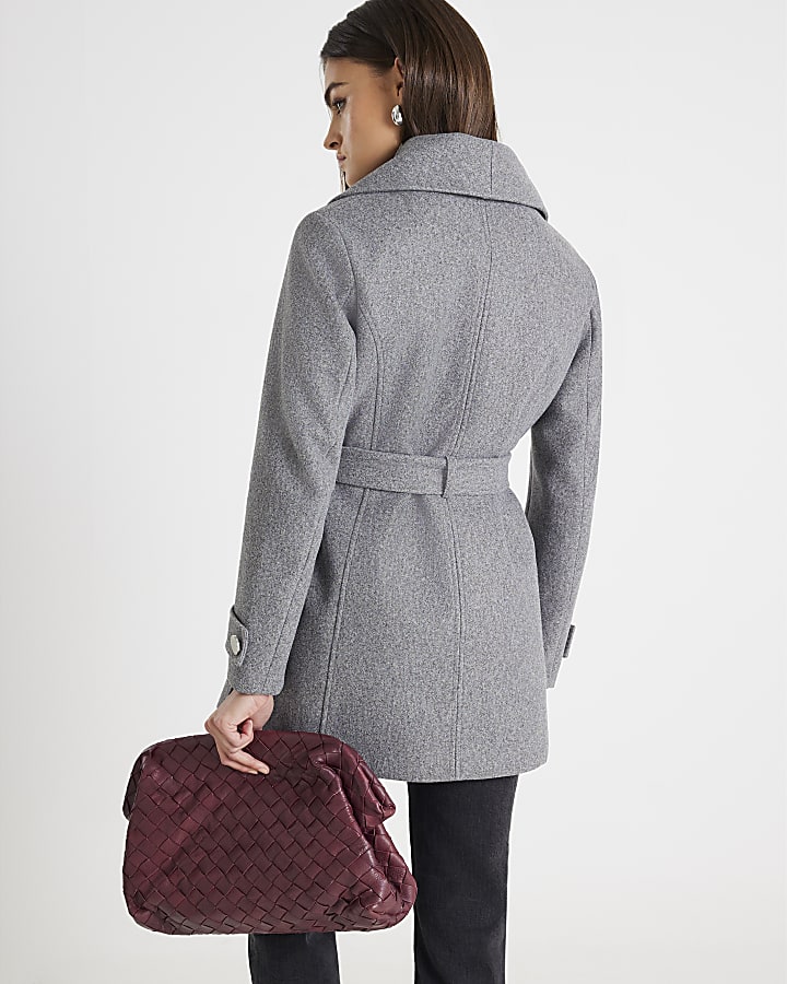 Grey Short Wide Collar Wrap Coat