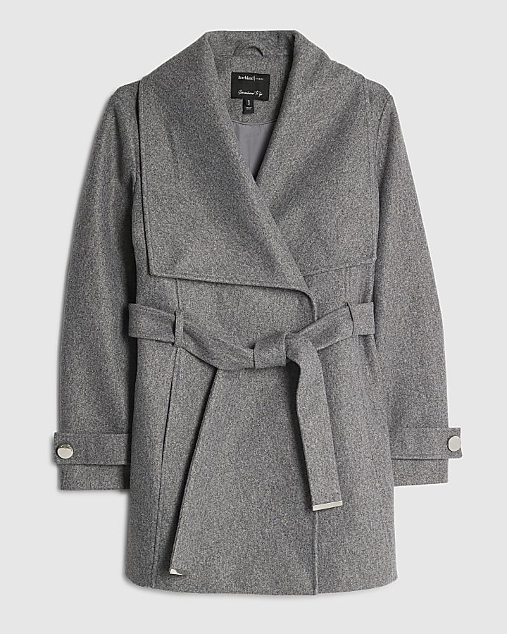 Grey Short Wide Collar Wrap Coat