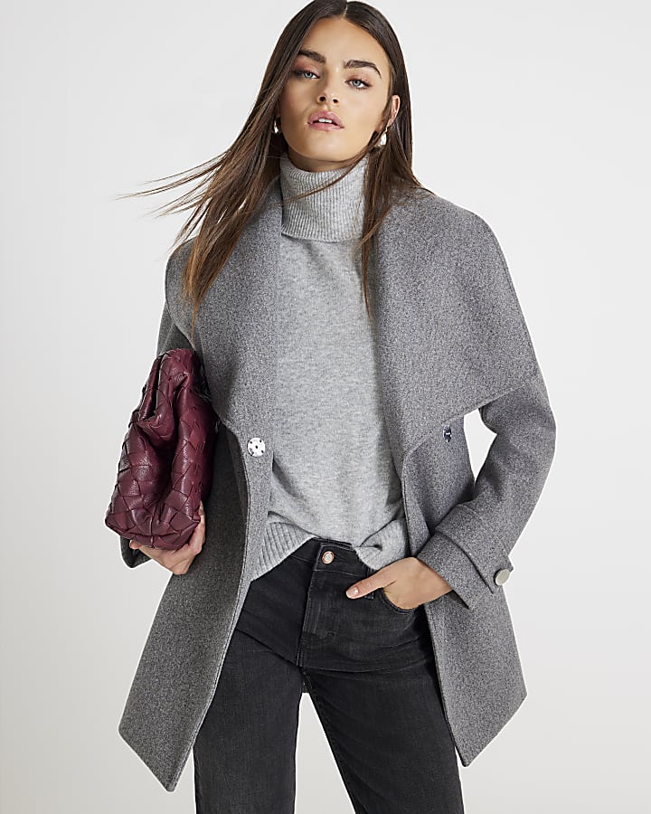 Grey Short Wide Collar Wrap Coat