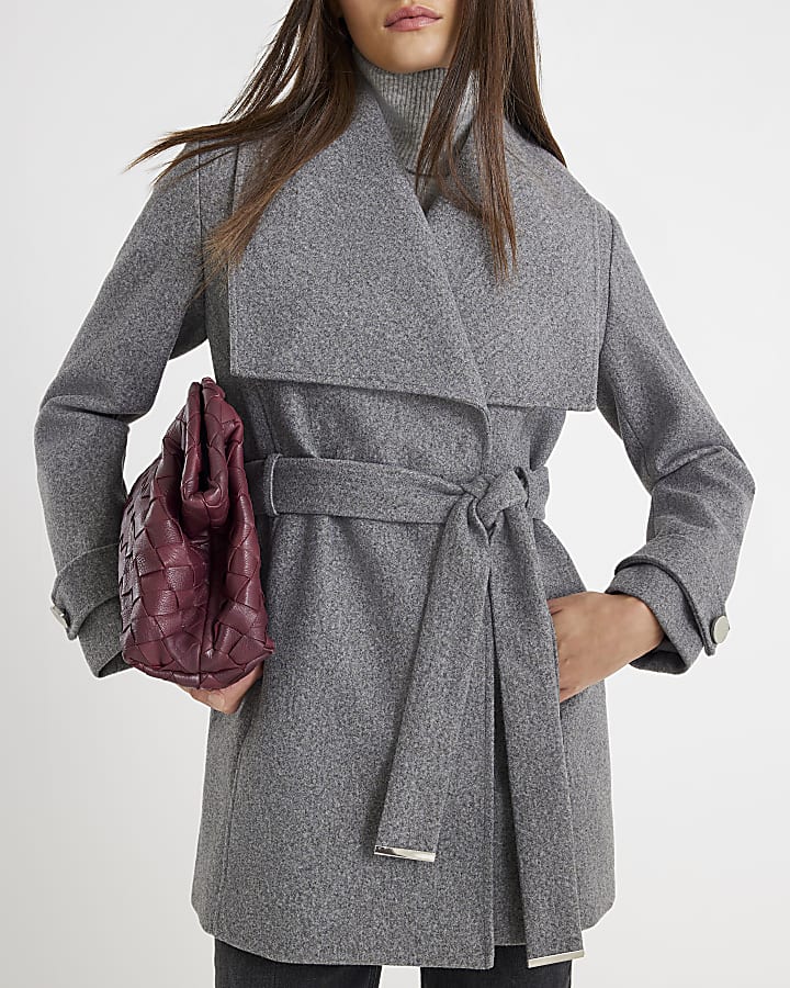Grey Short Wide Collar Wrap Coat