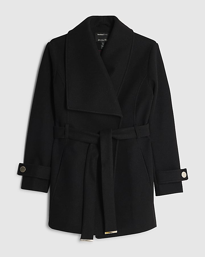 Black Short Wide Collar Wrap Coat