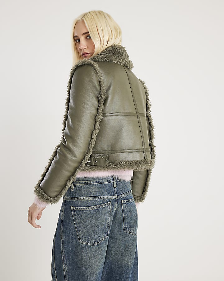 Khaki Shearling Seam Detail Jacket