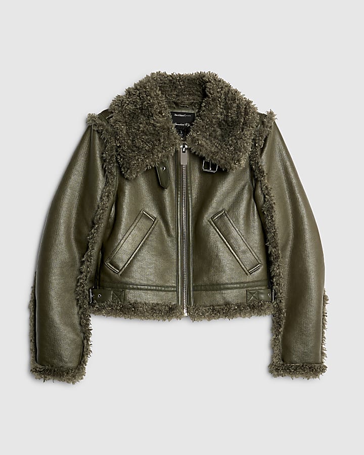 Khaki Shearling Seam Detail Jacket