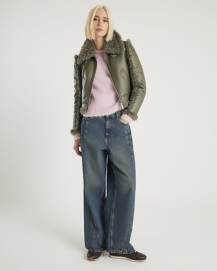 Khaki Shearling Seam Detail Jacket