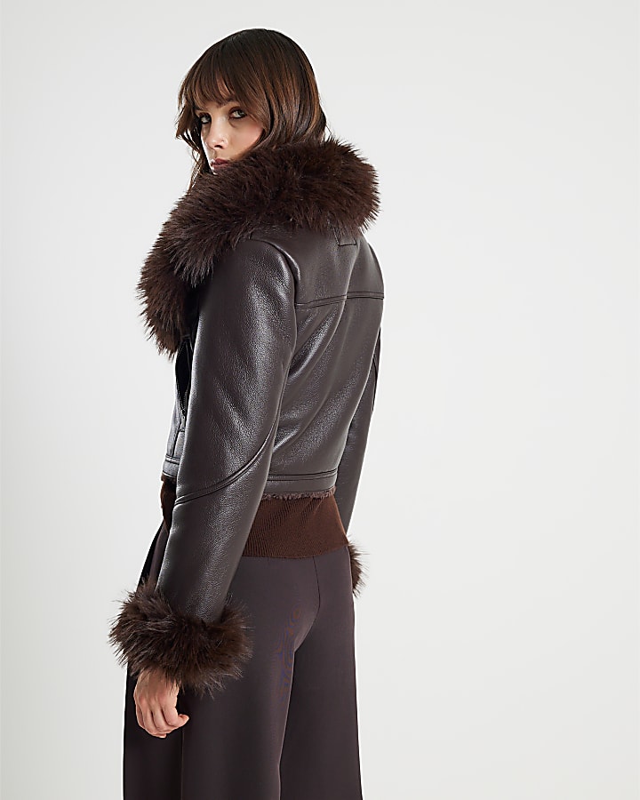 Brown Faux Fur Collar Cropped Biker Jacket