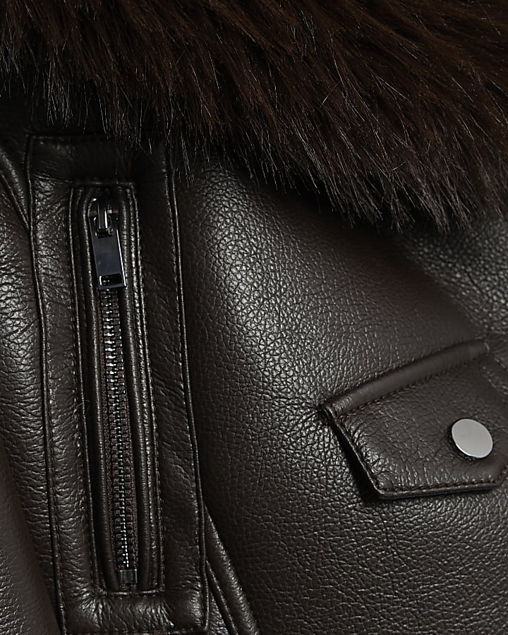 Brown Faux Fur Collar Cropped Biker Jacket