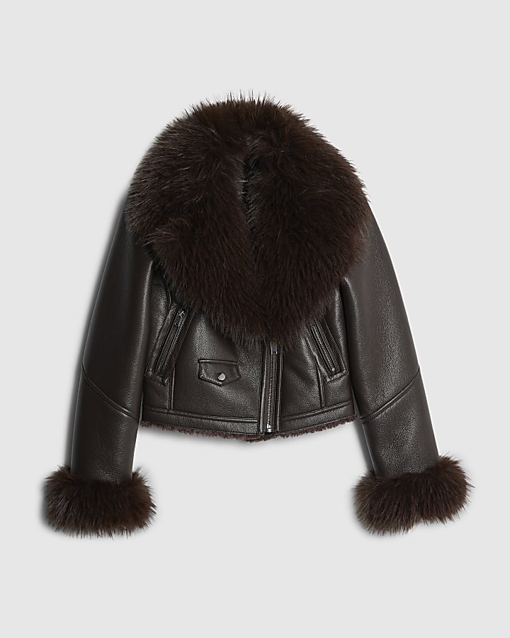 Brown Faux Fur Collar Cropped Biker Jacket