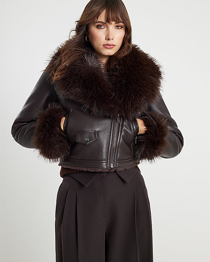 Brown Faux Fur Collar Cropped Biker Jacket