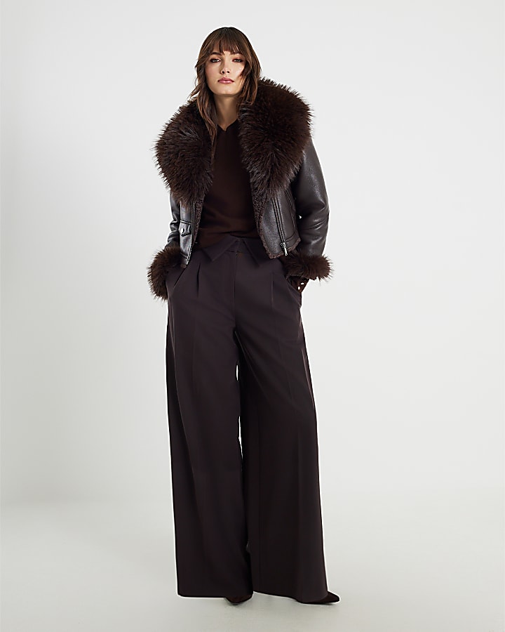 Brown Faux Fur Collar Cropped Biker Jacket