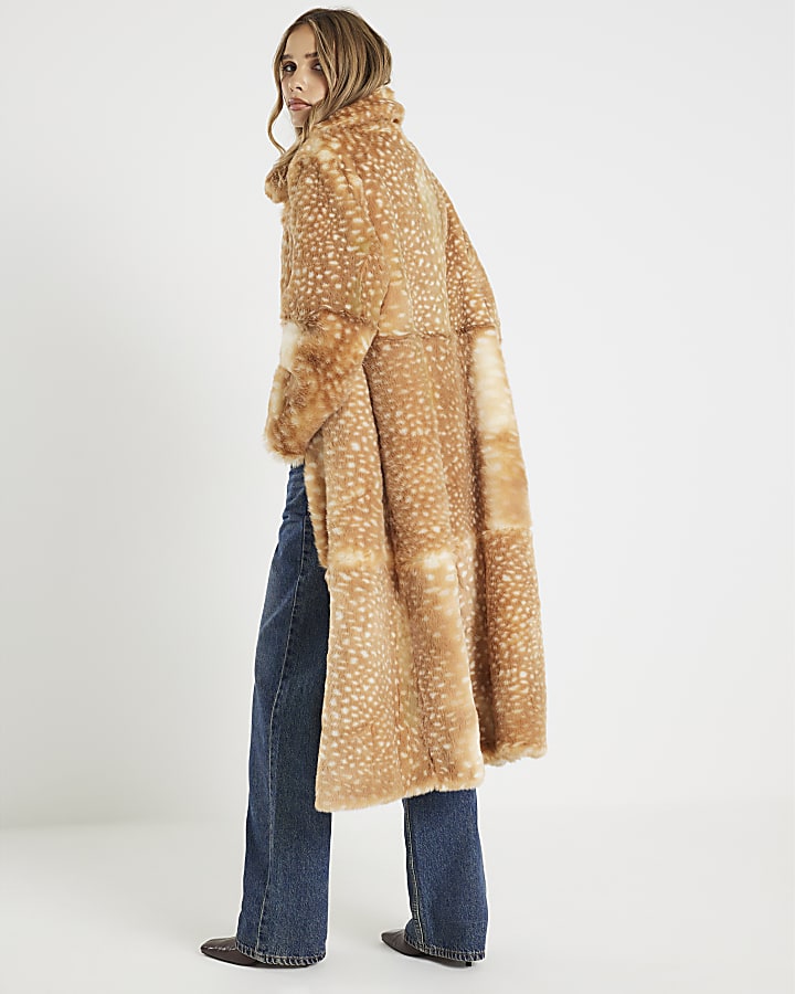 Beige Faux Fur Animal Print Longline Coat