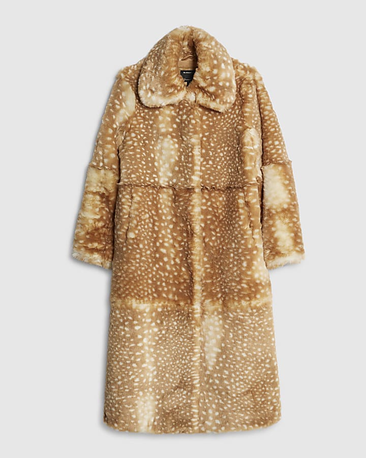 Beige Faux Fur Animal Print Longline Coat