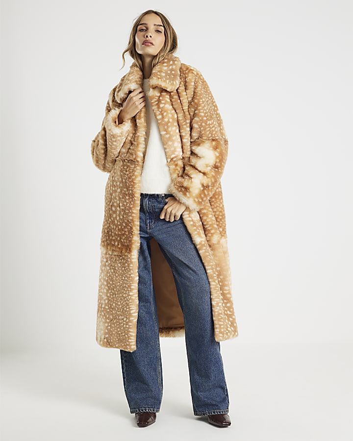 Beige Faux Fur Animal Print Longline Coat