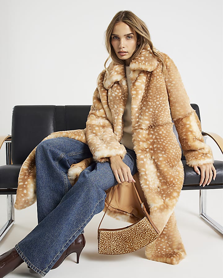 Beige Faux Fur Animal Print Longline Coat