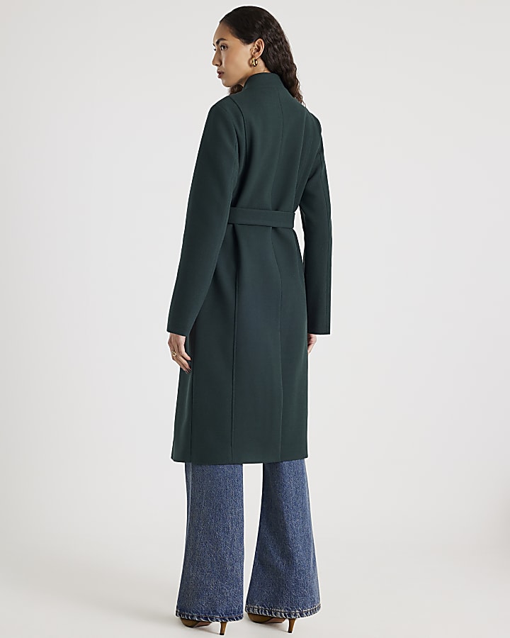 Green Notch Collar Belted Wrap Coat