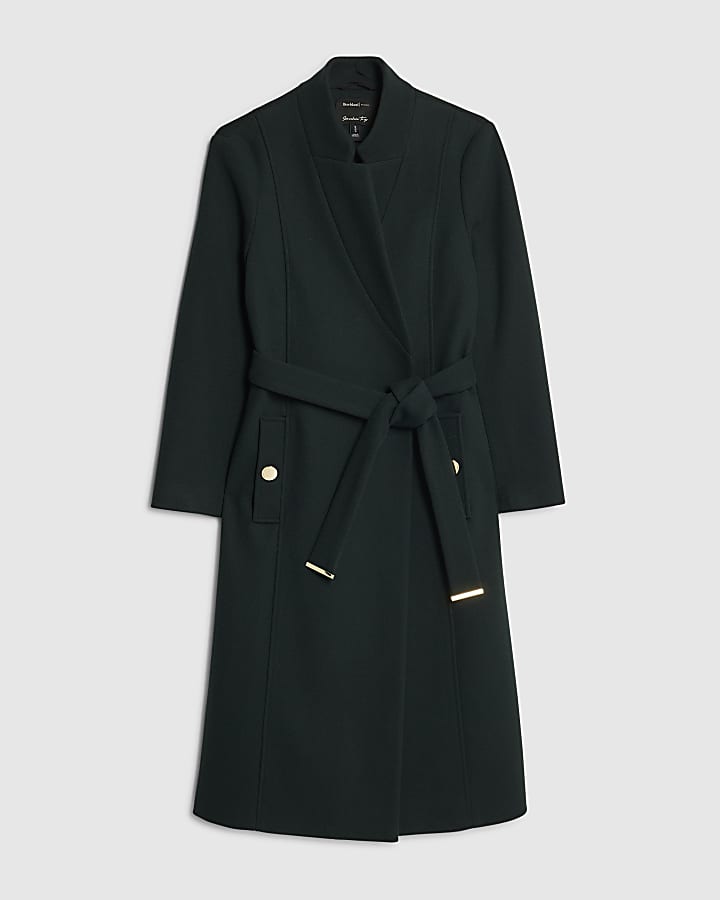 Green Notch Collar Belted Wrap Coat