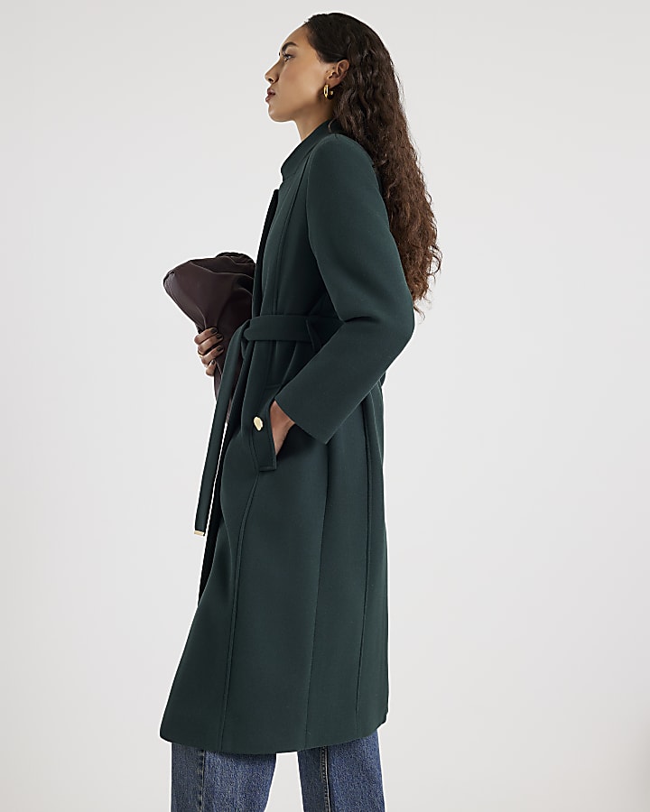 Green Notch Collar Belted Wrap Coat