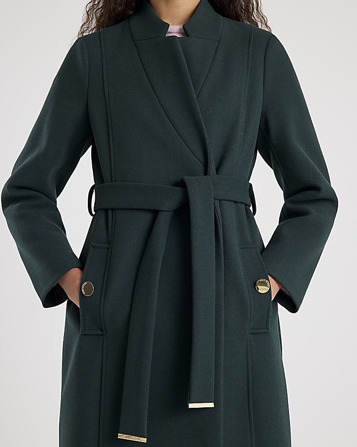 Green Notch Collar Belted Wrap Coat
