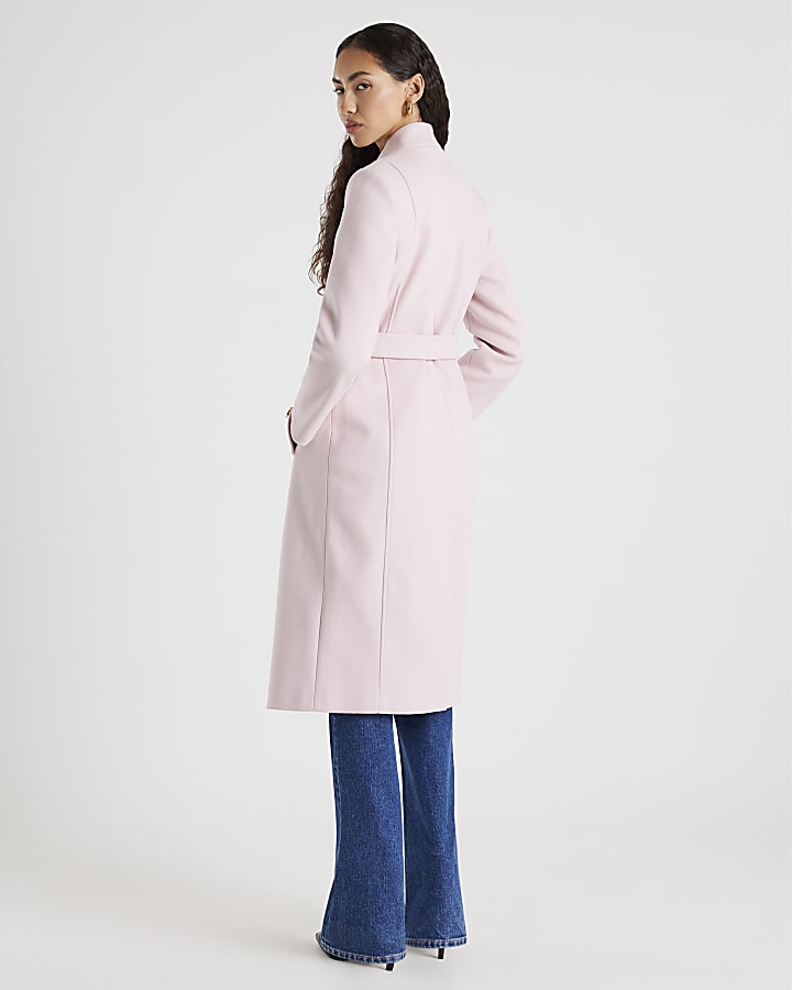 Pink Notch Collar Belted Wrap Coat
