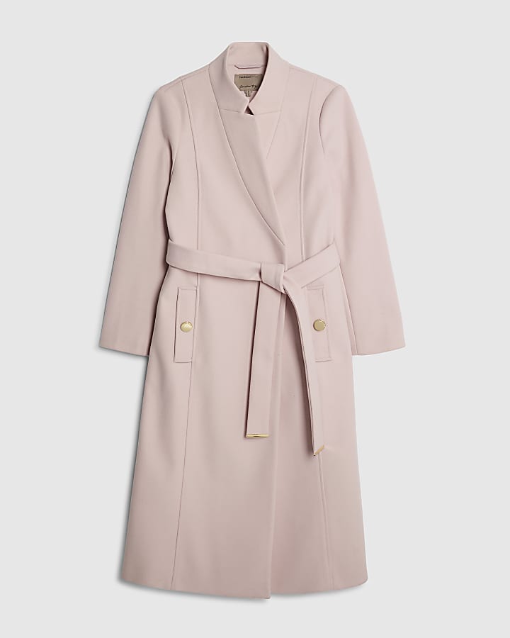 Pink Notch Collar Belted Wrap Coat