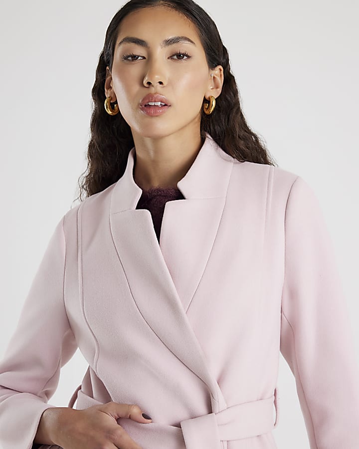Pink Notch Collar Belted Wrap Coat