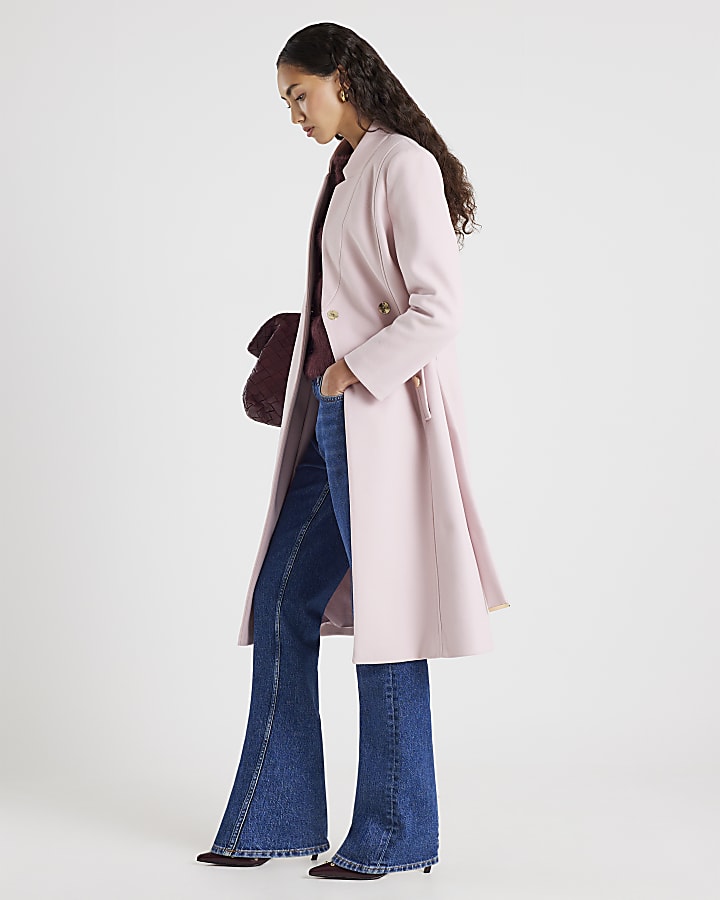 Pink Notch Collar Belted Wrap Coat