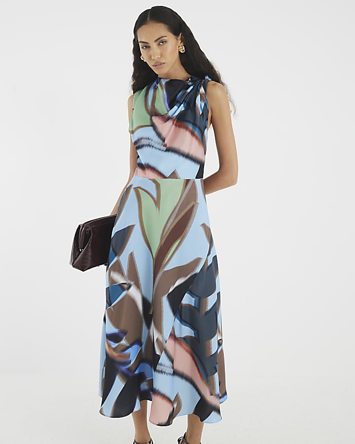Blue Twist Shoulder Midi Dress