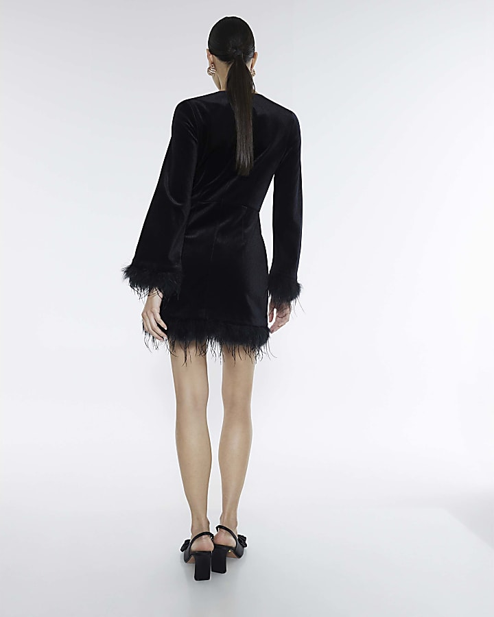 Black Velvet Long Sleeve Feather Trim Dress