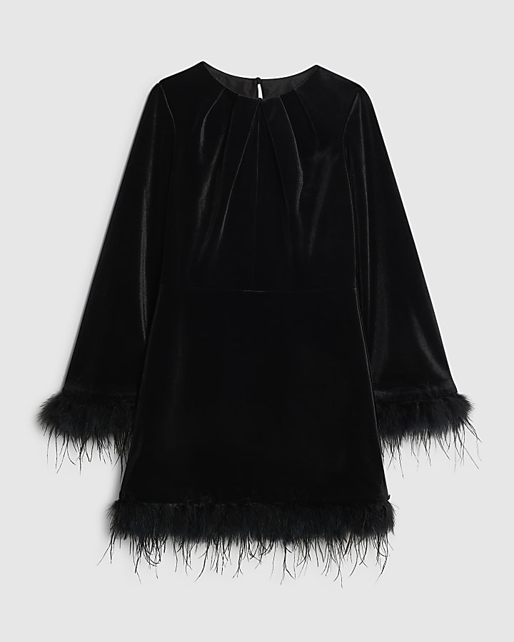 Black Velvet Long Sleeve Feather Trim Dress