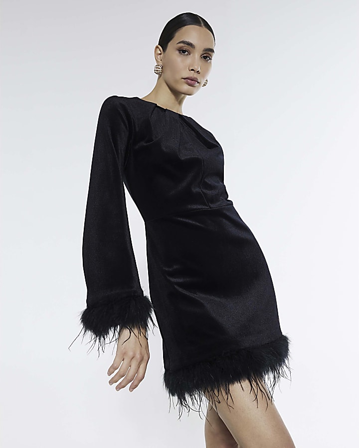 Black Velvet Long Sleeve Feather Trim Dress
