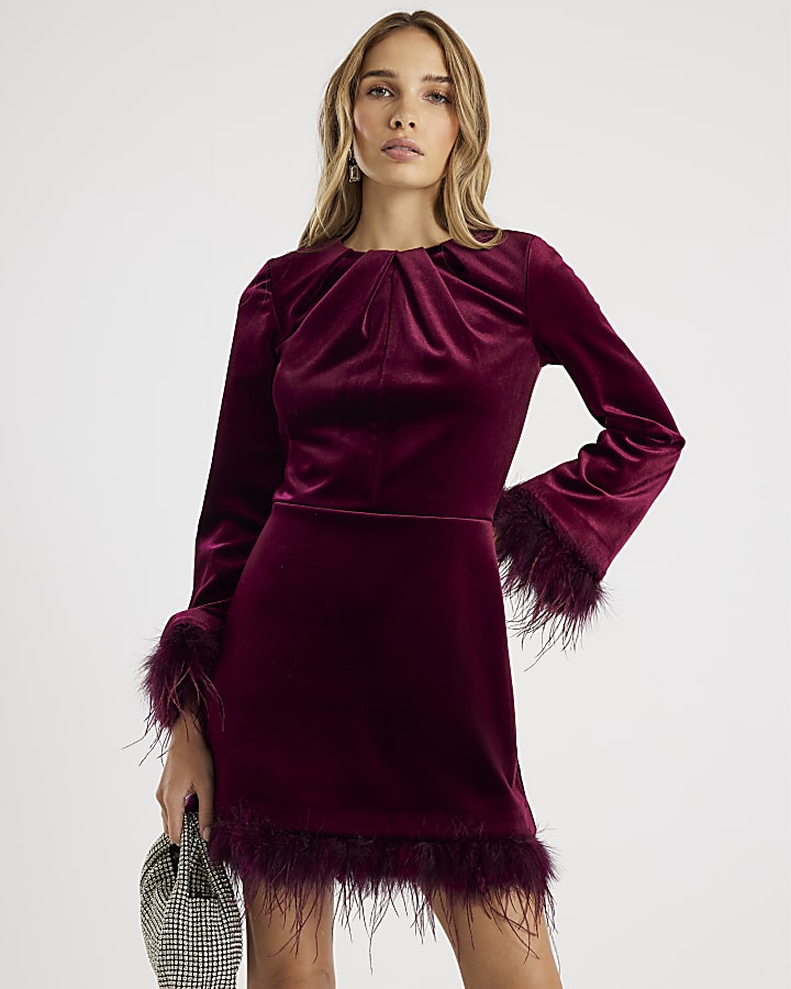 Red Velvet Long Sleeve Feather Trim Dress
