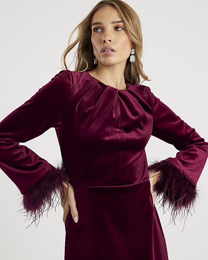Red Velvet Long Sleeve Feather Trim Dress