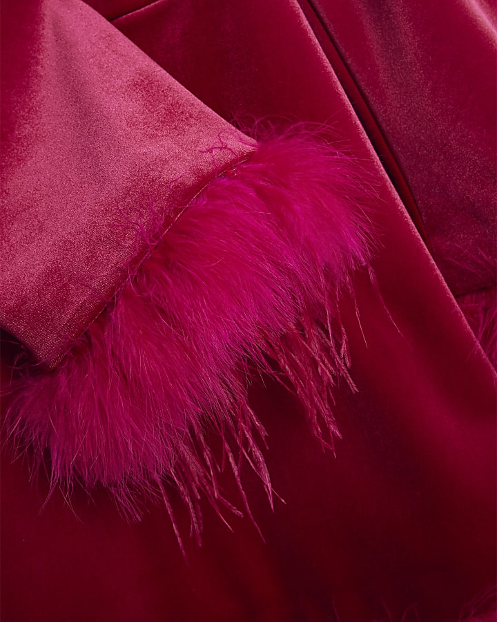 Pink Velvet Long Sleeve Feather Trim Dress
