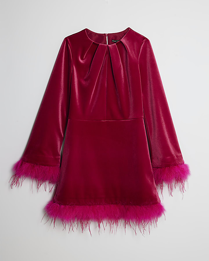Pink Velvet Long Sleeve Feather Trim Dress