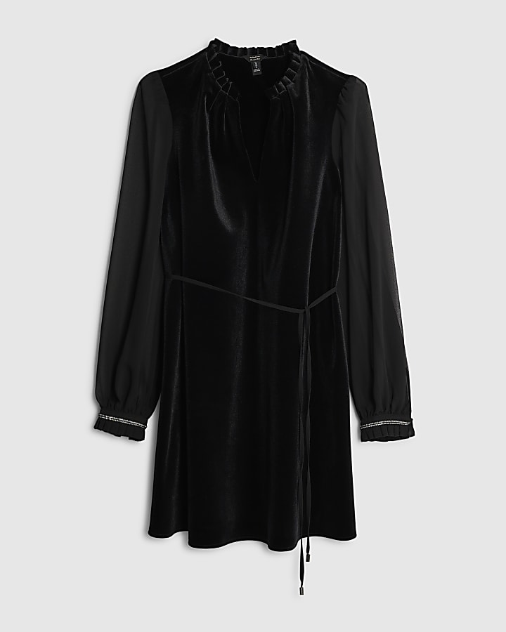 Black Velvet Long Sleeve Belted Mini Dress
